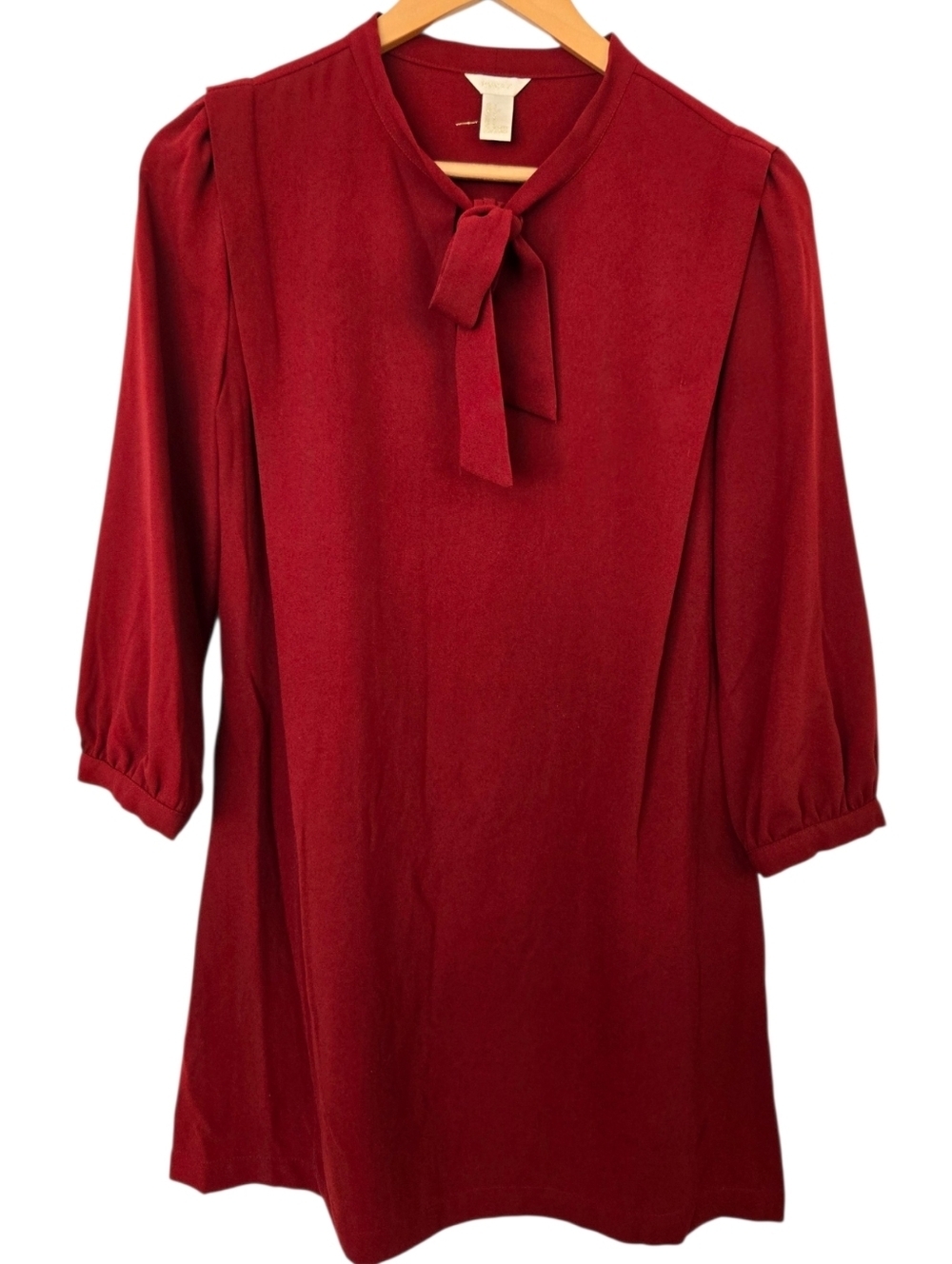 Forever 21 Red Tie Neck Blouse Bow Front 3/4 Sleeve Office Career Top Small
